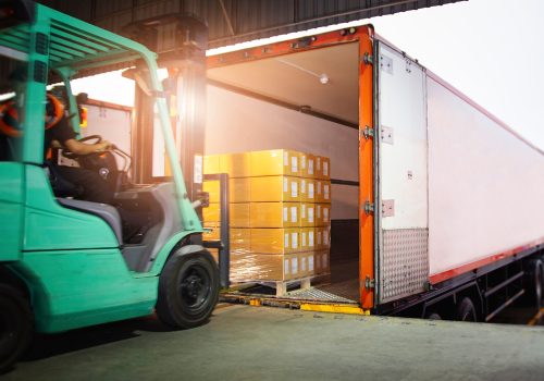 Forklift,Driver,Loading,Package,Boxes,Into,Cargo,Container.,Cargo,Trailertruck